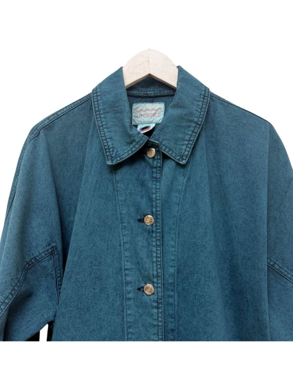 Vintage Sundance Denim Jacket Medium Teal Blue Button-Front Acid Wash 80s 90s - Picture 2 of 8